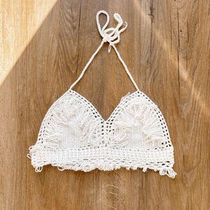 White Knit Fringe Tie Top